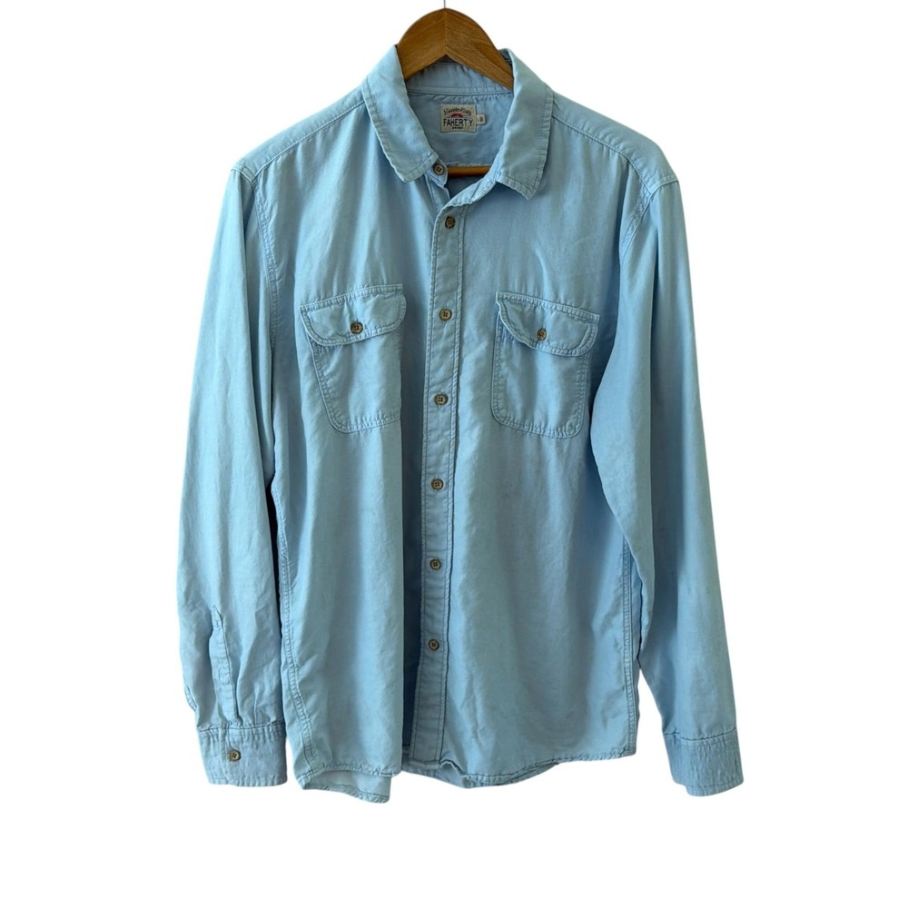 Faherty The Getaway Shirt Mens L Sky Blue Long Sleeve Cotton Tencel Garment Dyed